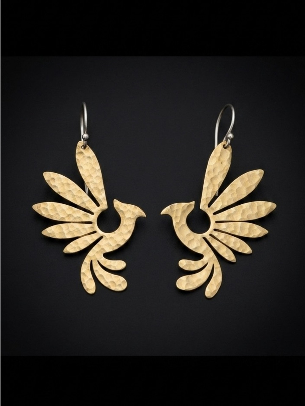 Gold Tone Hammered Bird Wing Dangle Earrings